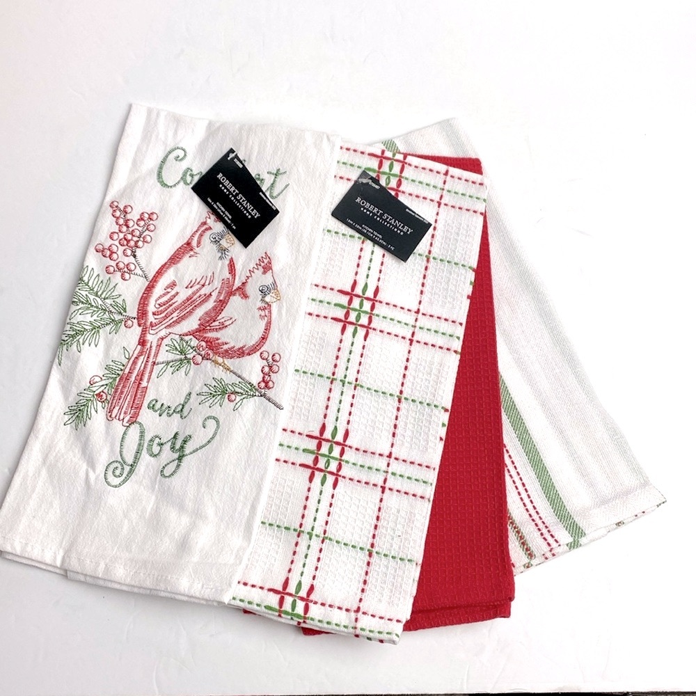 4 Robert Stanley Comfort And Joy Embroidered Cardinal Holiday Kitchen Tea Towels